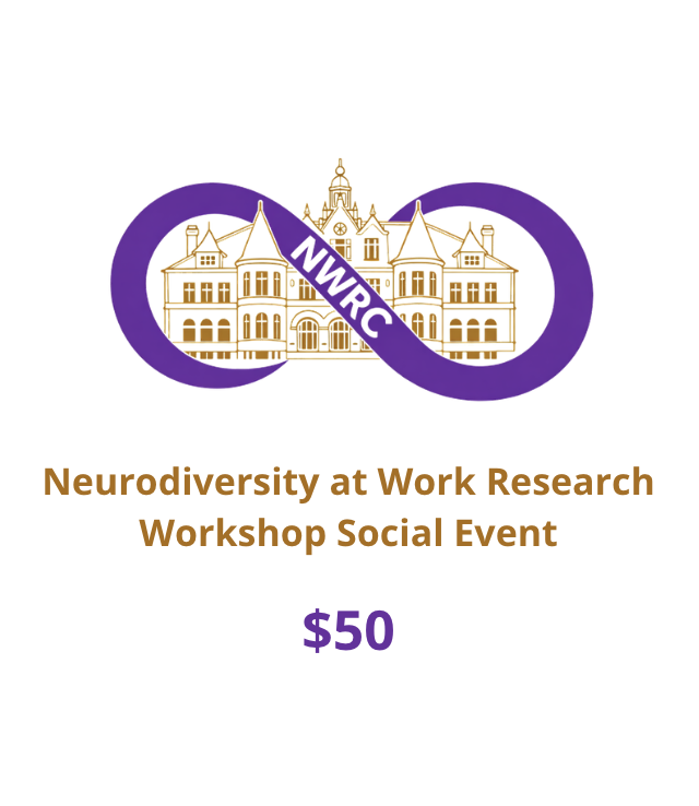 Conference icon and words Neurodiversity at Work Research Workshop Social Event, $50.00